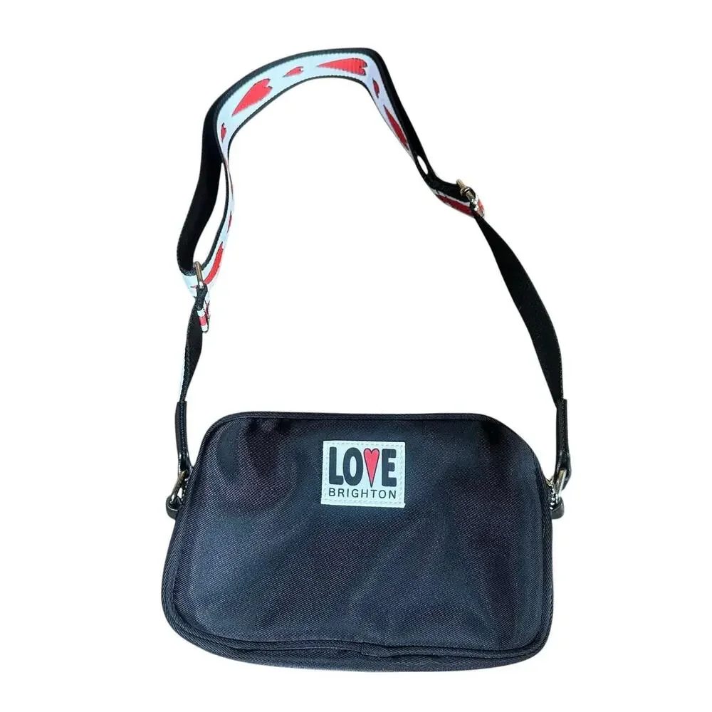New Brighton Love Essential Black Nylon Embroidered Heart Crossbody Bag MSRP $88